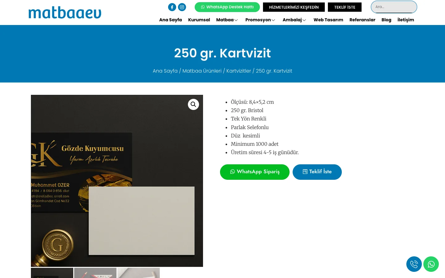 Matbaaev 250 gr. Kartvizit ürün sayfası: kartvizit fotoğrafı, ölçü, kâğıt, selefon, en az adet ve üretim süresi maddeleri, WhatsApp Sipariş ve Teklif İste düğmeleri, masaüstü
