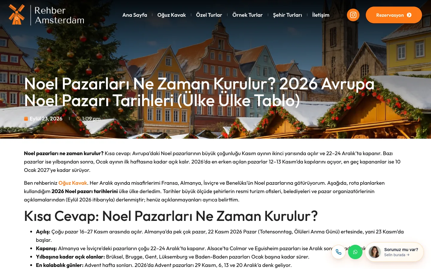Rehber Amsterdam blog yazısı: 'Noel Pazarları Ne Zaman Kurulur? 2026 Avrupa Noel Pazarı Tarihleri' başlığı ve kısa cevapla açılan ilk paragraf