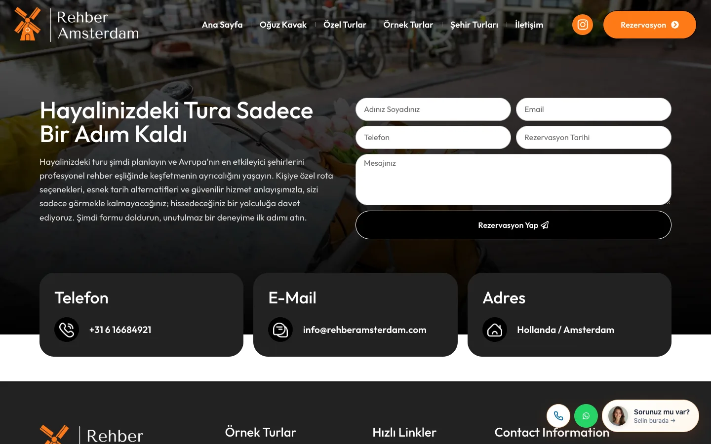 Rehber Amsterdam rezervasyon sayfası: 'Hayalinizdeki Tura Sadece Bir Adım Kaldı' başlığı, beş alanlı form, telefon, e-posta ve adres kartları