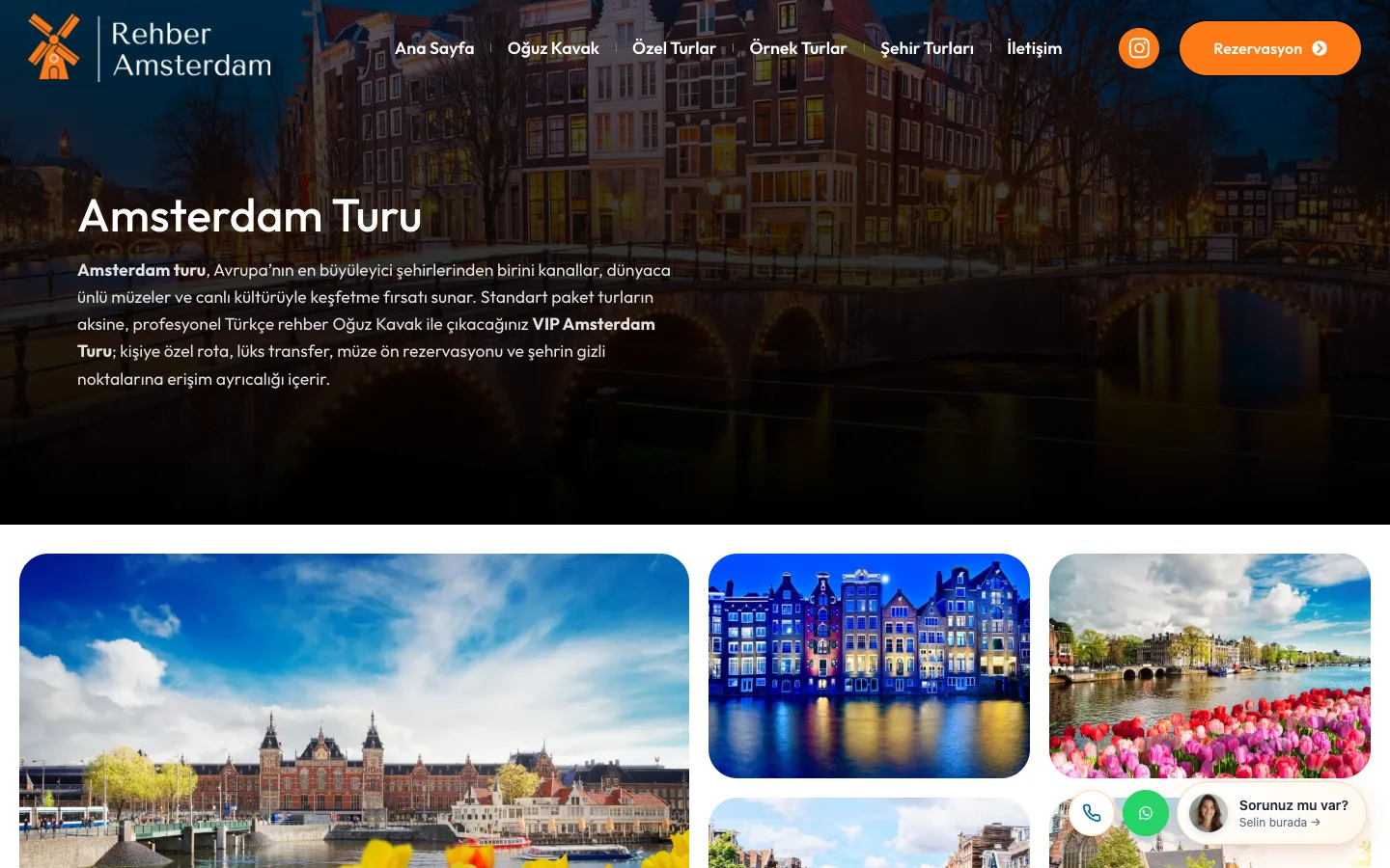 Rehber Amsterdam, Amsterdam Turu sayfası: gece kanal evleri üzerinde başlık ve tur açıklaması, altta Amsterdam Merkez İstasyonu ve lale görselleri