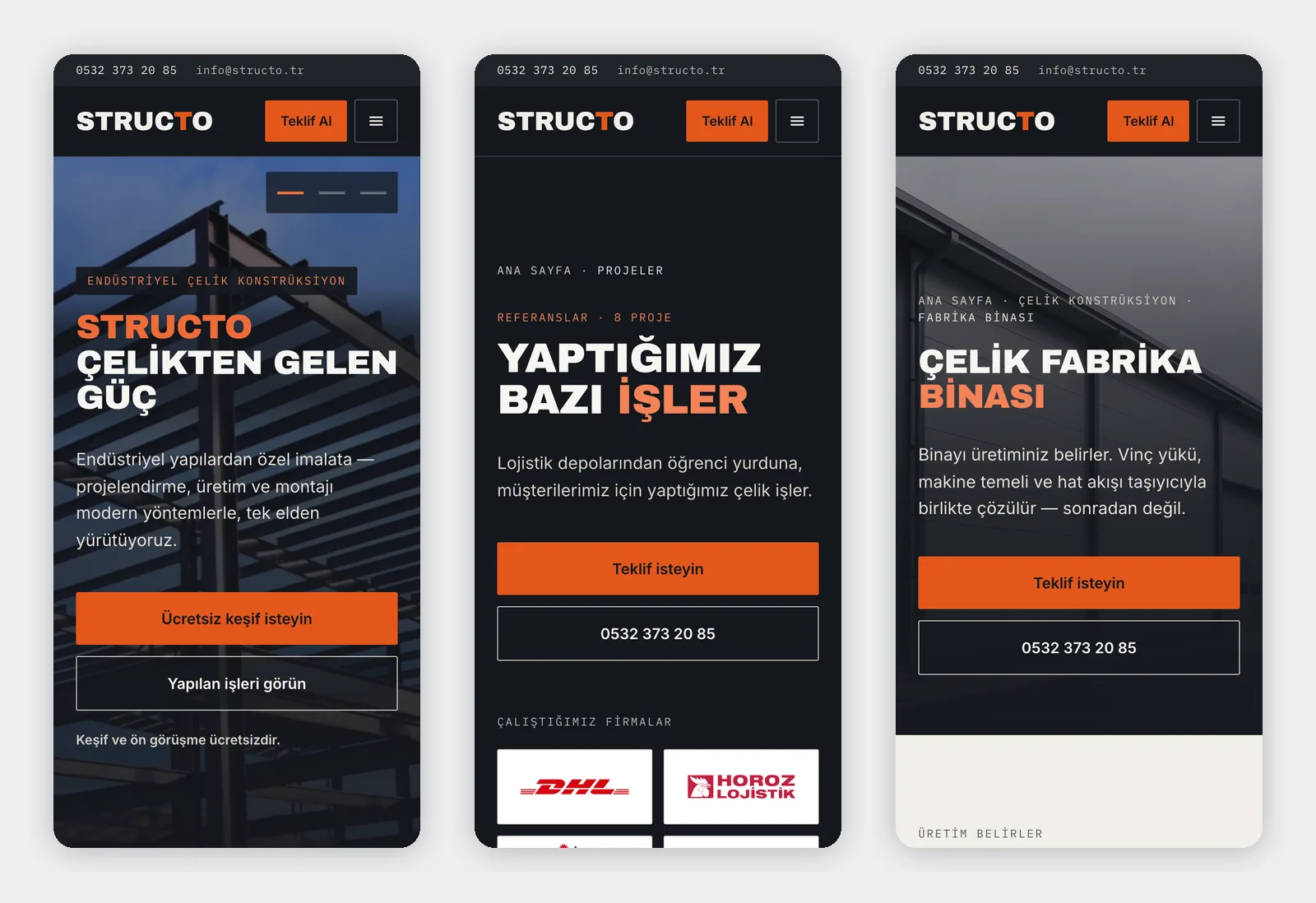 Structo mobil görünüm: ana sayfa, projeler sayfası ve çelik fabrika binası hizmet sayfası