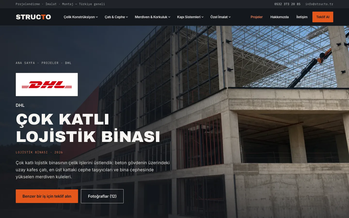 Structo proje sayfası: çok katlı lojistik binasının çelik işleri, firma logosu, teklif ve fotoğraflar düğmeleri
