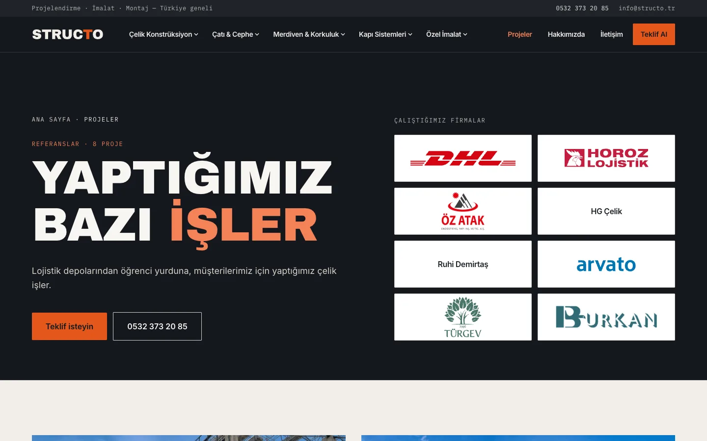 Structo Projeler sayfası: 'Yaptığımız bazı işler' başlığı ve çalışılan firmaların logoları, masaüstü